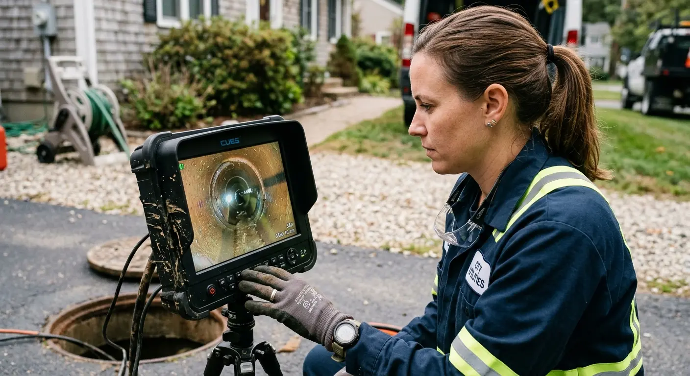 Technician reviewing sewer camera inspection footage in Fort Leonard Wood