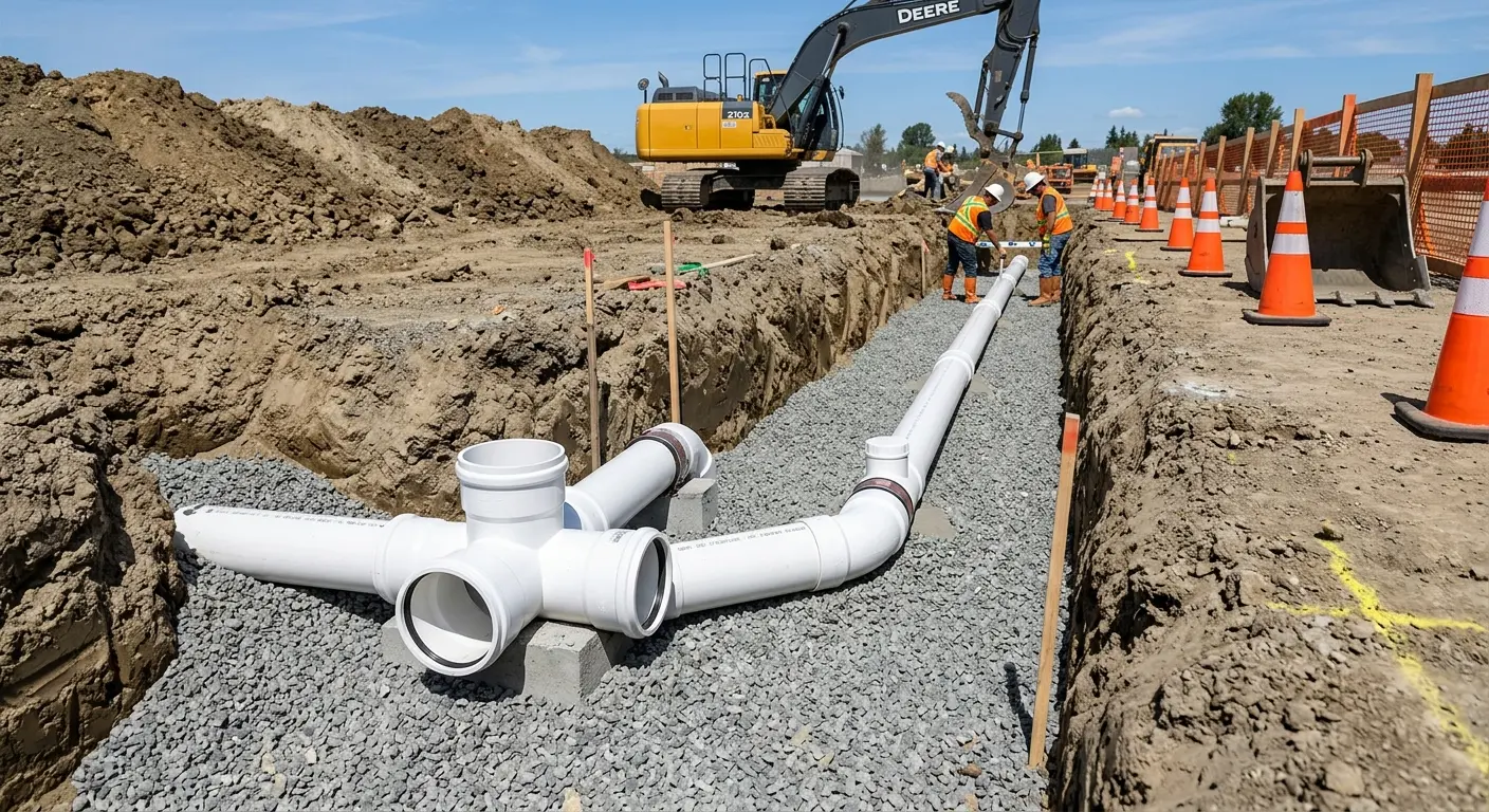 New PVC sewer pipe installation in open trench for Sewer Camera Inspection in Fort Leonard Wood