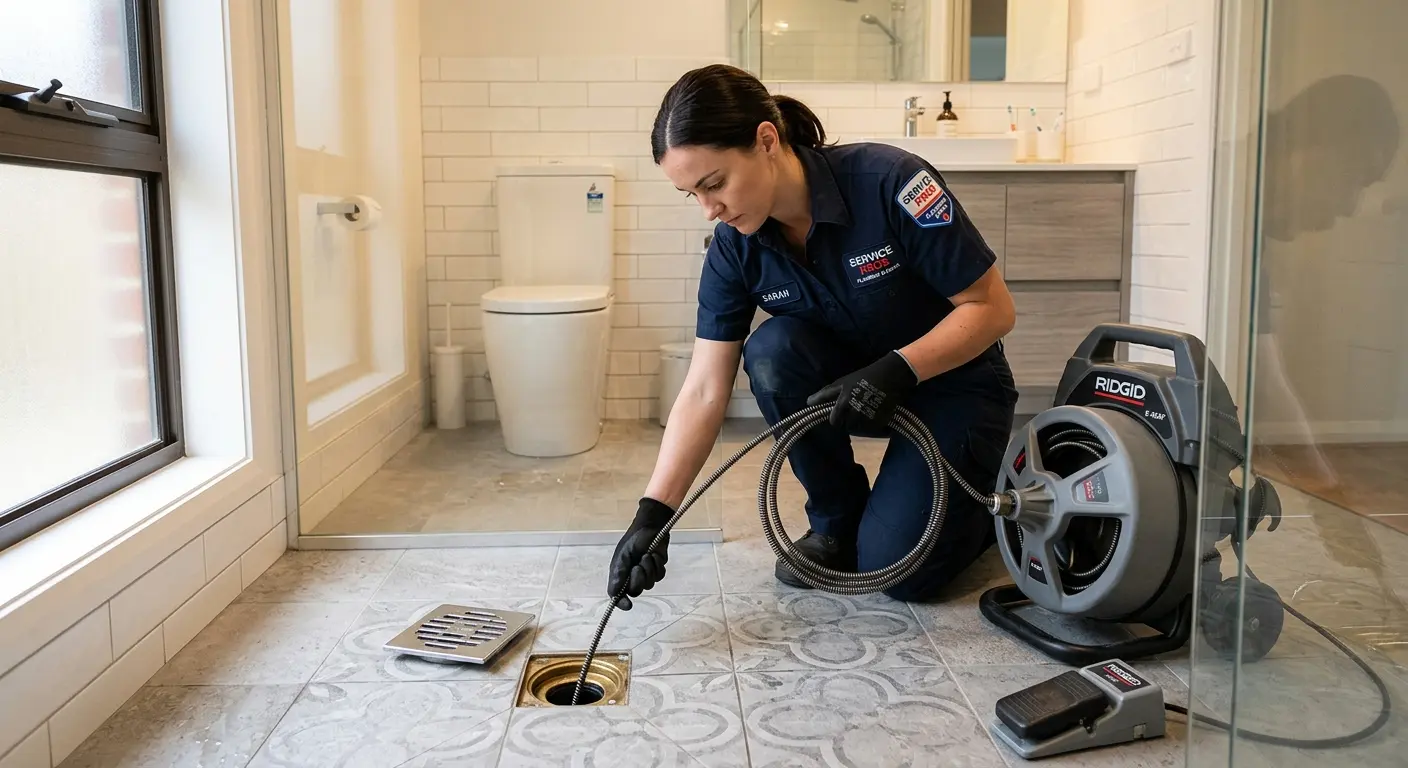 Technician clearing a bathroom floor drain for Hydro Jetting in Fort Leonard Wood